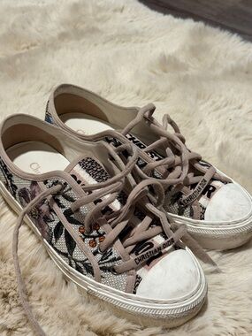 Dior Floral Embroidered Canvas Sneakers in Beige, Pink, Black